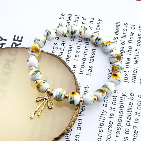 Sunflower Gifts For Women Sunflower Bracelet For Women Girls Bow Charm Bracelet For Female Sunflowers Vintage Bracelets Handmade Stretch Beaded Dainty Bracelets Gifts For Girls Birthday in Kuwait
