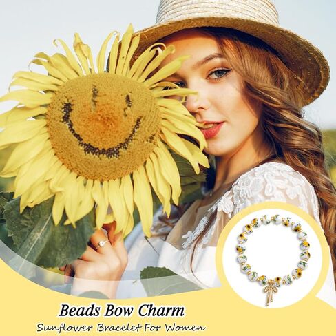Sunflower Gifts For Women Sunflower Bracelet For Women Girls Bow Charm Bracelet For Female Sunflowers Vintage Bracelets Handmade Stretch Beaded Dainty Bracelets Gifts For Girls Birthday in Kuwait