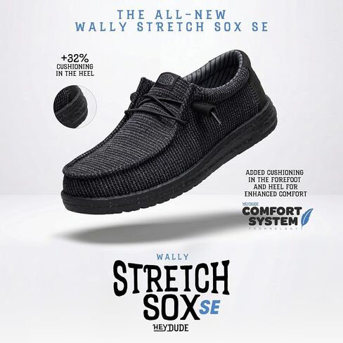 HEYDUDE Men's Wally SE Stretch Sox Slip On Shoe, Black/Black Size 13 | Stretch Mesh | Elastic Laces | Lightweight | Flexible Outsole in Kuwait
