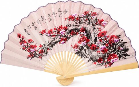 LOGOFUN Chinese Style Folding Fan Wall Decor Large Folding Fan Wall Decortions Hanging Flower Pattern Paper Hand Fans for Living Room - Pink in Kuwait