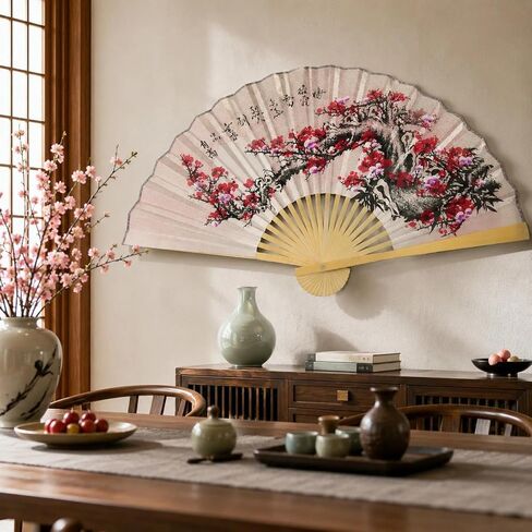 LOGOFUN Chinese Style Folding Fan Wall Decor Large Folding Fan Wall Decortions Hanging Flower Pattern Paper Hand Fans for Living Room - Pink in Kuwait