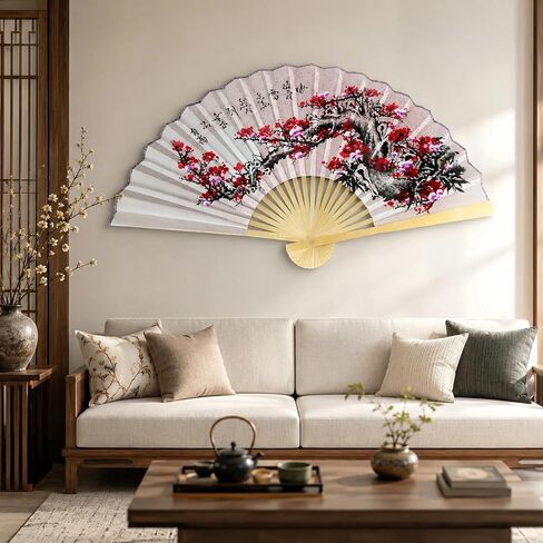 LOGOFUN Chinese Style Folding Fan Wall Decor Large Folding Fan Wall Decortions Hanging Flower Pattern Paper Hand Fans for Living Room - Pink in Kuwait