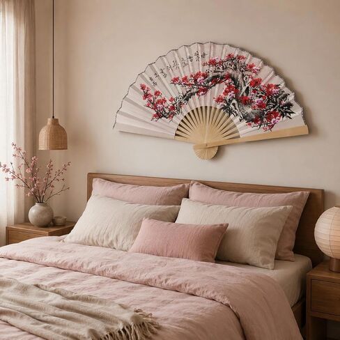 LOGOFUN Chinese Style Folding Fan Wall Decor Large Folding Fan Wall Decortions Hanging Flower Pattern Paper Hand Fans for Living Room - Pink in Kuwait