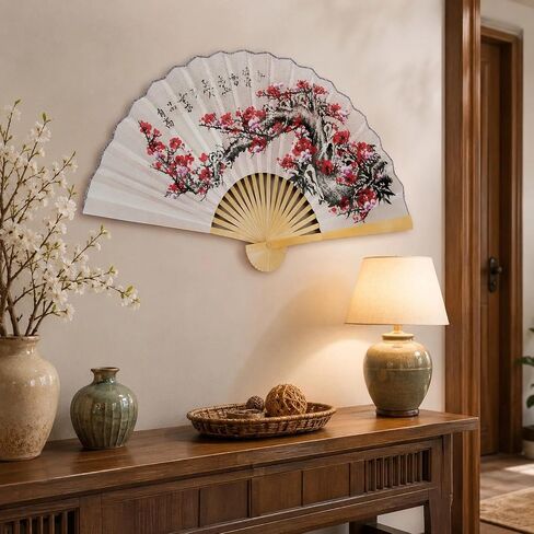 LOGOFUN Chinese Style Folding Fan Wall Decor Large Folding Fan Wall Decortions Hanging Flower Pattern Paper Hand Fans for Living Room - Pink in Kuwait
