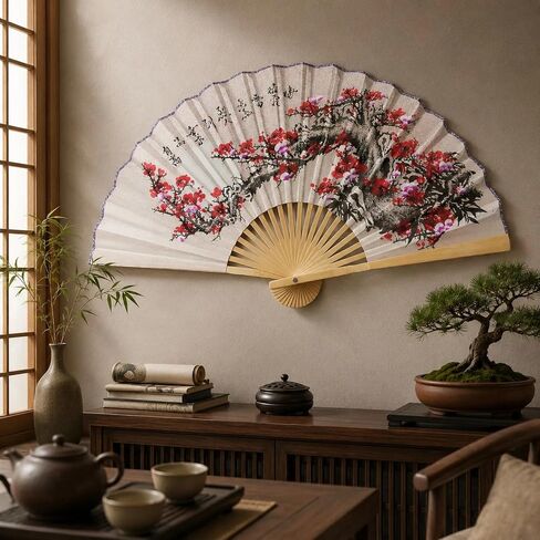 LOGOFUN Chinese Style Folding Fan Wall Decor Large Folding Fan Wall Decortions Hanging Flower Pattern Paper Hand Fans for Living Room - Pink in Kuwait