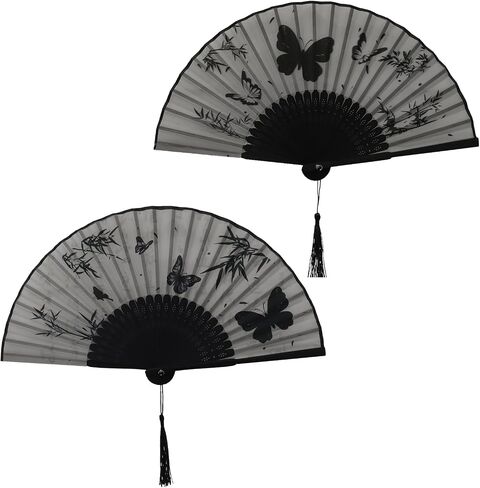 2Pcs Handheld Fan Foldable Folding Hand Fans for Women Dancing Party Cosplay Wedding, Black Frame, Butterfly Pattern in Saudi Arabia