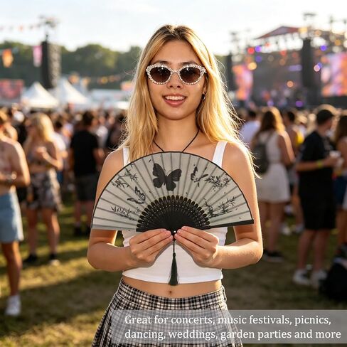 2Pcs Handheld Fan Foldable Folding Hand Fans for Women Dancing Party Cosplay Wedding, Black Frame, Butterfly Pattern in Saudi Arabia