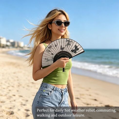 2Pcs Handheld Fan Foldable Folding Hand Fans for Women Dancing Party Cosplay Wedding, Black Frame, Butterfly Pattern in Saudi Arabia