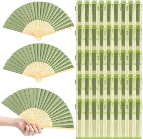 30 Set Sage Green Wedding Fans Cloth Fabric Fan with Organza Bags for Wedding Guest Foldable Imitated Silk Bamboo Fans Bulk Handheld Party Favor for Guests Bridal Shower Outdoor Party in Kuwait