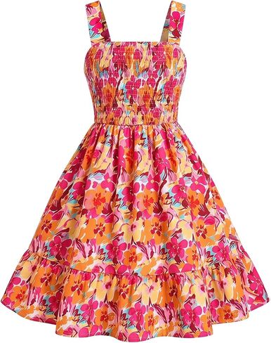 فستان Milumia Girl's Hawaiian Flower Dress مفتوح من الخلف وأشرطة واسعة بدون أكمام فساتين قصيرة واسعة in Kuwait