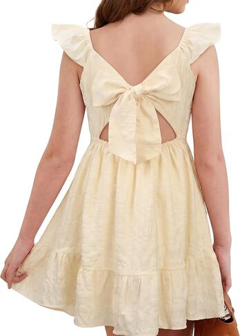 Stelle Girls Square Neck Flutter Sleeve Tie Back Dress 5-15 Y | Smocked Waist,Criss Cross Back Bow,Cotton Lining, Knee Length,Breathable,Stretchable,Easter/Spring/Summer/Holiday/Beach in Kuwait
