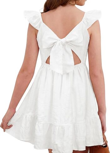 Stelle Girls Square Neck Flutter Sleeve Tie Back Dress 5-15 Y | Smocked Waist,Criss Cross Back Bow,Cotton Lining, Knee Length,Breathable,Stretchable,Easter/Spring/Summer/Holiday/Beach in Kuwait