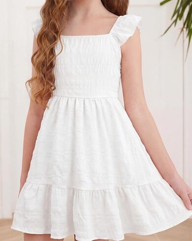 Stelle Girls Square Neck Flutter Sleeve Tie Back Dress 5-15 Y | Smocked Waist,Criss Cross Back Bow,Cotton Lining, Knee Length,Breathable,Stretchable,Easter/Spring/Summer/Holiday/Beach in Kuwait