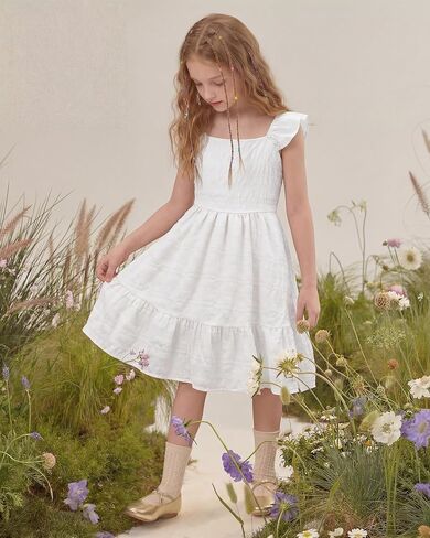 Stelle Girls Square Neck Flutter Sleeve Tie Back Dress 5-15 Y | Smocked Waist,Criss Cross Back Bow,Cotton Lining, Knee Length,Breathable,Stretchable,Easter/Spring/Summer/Holiday/Beach in Kuwait