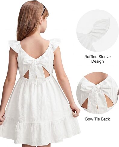 Stelle Girls Square Neck Flutter Sleeve Tie Back Dress 5-15 Y | Smocked Waist,Criss Cross Back Bow,Cotton Lining, Knee Length,Breathable,Stretchable,Easter/Spring/Summer/Holiday/Beach in Kuwait