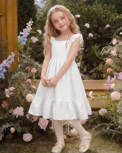 Stelle Girls Square Neck Flutter Sleeve Tie Back Dress 5-15 Y | Smocked Waist,Criss Cross Back Bow,Cotton Lining, Knee Length,Breathable,Stretchable,Easter/Spring/Summer/Holiday/Beach in Kuwait
