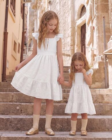 Stelle Girls Square Neck Flutter Sleeve Tie Back Dress 5-15 Y | Smocked Waist,Criss Cross Back Bow,Cotton Lining, Knee Length,Breathable,Stretchable,Easter/Spring/Summer/Holiday/Beach in Kuwait