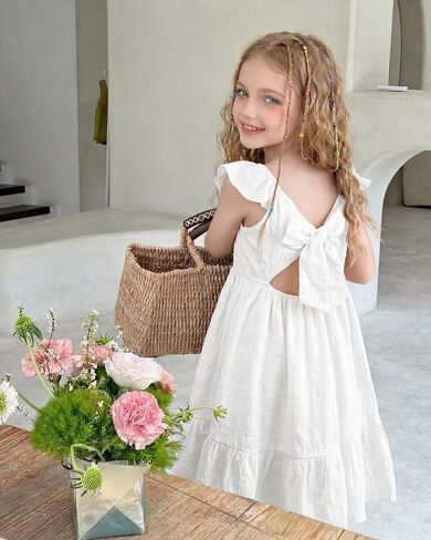 Stelle Girls Square Neck Flutter Sleeve Tie Back Dress 5-15 Y | Smocked Waist,Criss Cross Back Bow,Cotton Lining, Knee Length,Breathable,Stretchable,Easter/Spring/Summer/Holiday/Beach in Kuwait