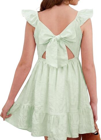 Stelle Girls Square Neck Flutter Sleeve Tie Back Dress 5-15 Y | Smocked Waist,Criss Cross Back Bow,Cotton Lining, Knee Length,Breathable,Stretchable,Easter/Spring/Summer/Holiday/Beach in Kuwait