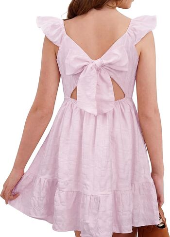 Stelle Girls Square Neck Flutter Sleeve Tie Back Dress 5-15 Y | Smocked Waist,Criss Cross Back Bow,Cotton Lining, Knee Length,Breathable,Stretchable,Easter/Spring/Summer/Holiday/Beach in Kuwait