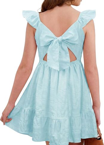 Stelle Girls Square Neck Flutter Sleeve Tie Back Dress 5-15 Y | Smocked Waist,Criss Cross Back Bow,Cotton Lining, Knee Length,Breathable,Stretchable,Easter/Spring/Summer/Holiday/Beach in Kuwait