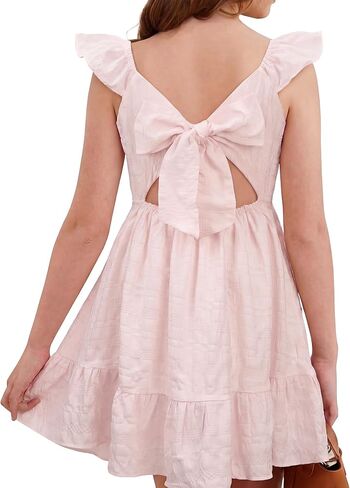 Stelle Girls Square Neck Flutter Sleeve Tie Back Dress 5-15 Y | Smocked Waist,Criss Cross Back Bow,Cotton Lining, Knee Length,Breathable,Stretchable,Easter/Spring/Summer/Holiday/Beach in Kuwait