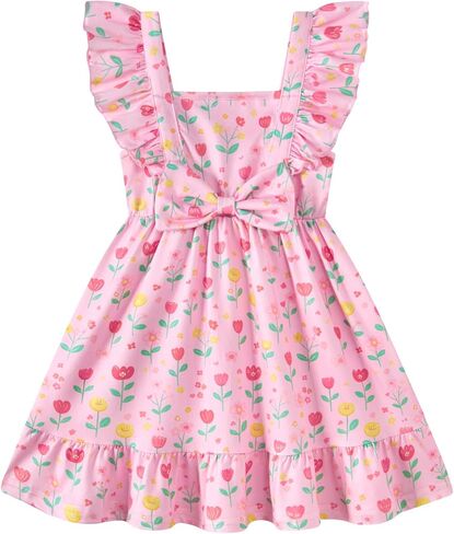Toddler Girls Ruffle Dress Floral Print Bow Knot Flowy Summer Beach Dress for Little Kids 2-6 Years in Saudi Arabia