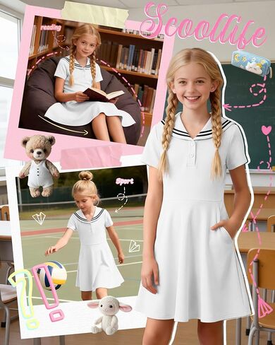 Girl's Sailor Collar Dress Kids Summer Short Sleeve Skater with Pockets Nautical Flowy Dress 5-14 Years in Saudi Arabia