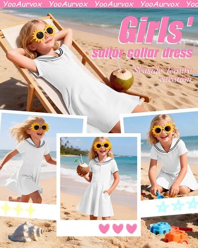 Girl's Sailor Collar Dress Kids Summer Short Sleeve Skater with Pockets Nautical Flowy Dress 5-14 Years in Saudi Arabia