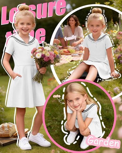 Girl's Sailor Collar Dress Kids Summer Short Sleeve Skater with Pockets Nautical Flowy Dress 5-14 Years in Saudi Arabia