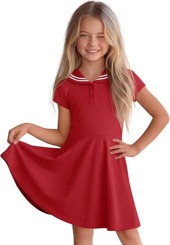 Girl's Sailor Collar Dress Kids Summer Short Sleeve Skater with Pockets Nautical Flowy Dress 5-14 Years in Saudi Arabia