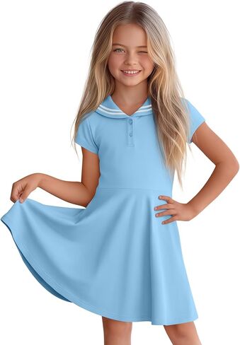 Girl's Sailor Collar Dress Kids Summer Short Sleeve Skater with Pockets Nautical Flowy Dress 5-14 Years in Saudi Arabia