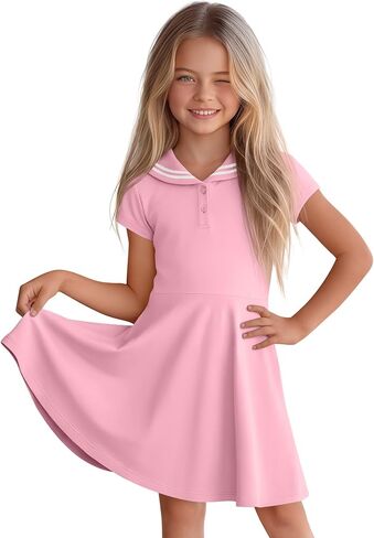 Girl's Sailor Collar Dress Kids Summer Short Sleeve Skater with Pockets Nautical Flowy Dress 5-14 Years in Saudi Arabia