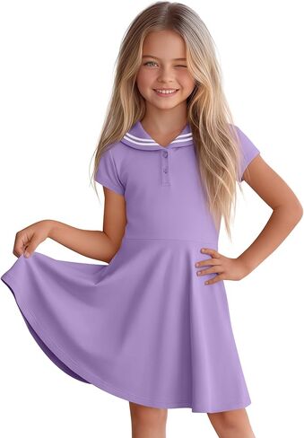 Girl's Sailor Collar Dress Kids Summer Short Sleeve Skater with Pockets Nautical Flowy Dress 5-14 Years in Saudi Arabia