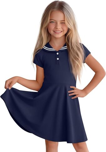 Girl's Sailor Collar Dress Kids Summer Short Sleeve Skater with Pockets Nautical Flowy Dress 5-14 Years in Saudi Arabia
