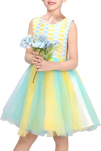 Sunny Fashion Girls Dress Sleeveless Pink Pleated Tulle Geometric Pattern Party Wedding Casual Dress in Kuwait