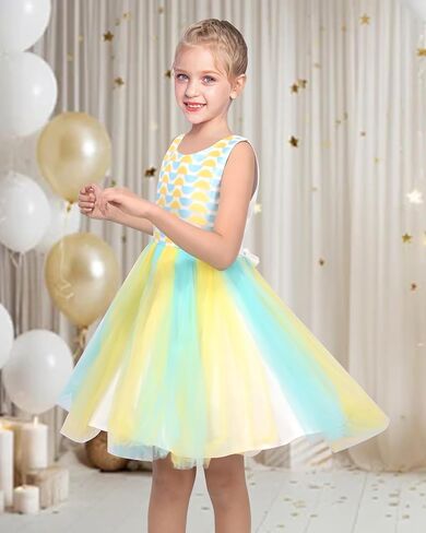Sunny Fashion Girls Dress Sleeveless Pink Pleated Tulle Geometric Pattern Party Wedding Casual Dress in Kuwait