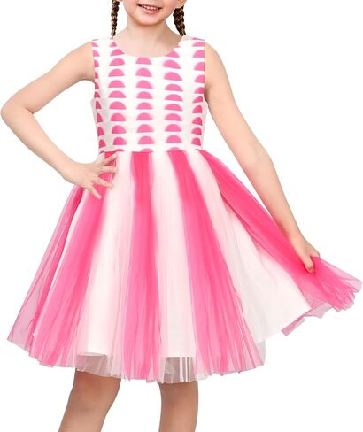 Sunny Fashion Girls Dress Sleeveless Pink Pleated Tulle Geometric Pattern Party Wedding Casual Dress in Kuwait