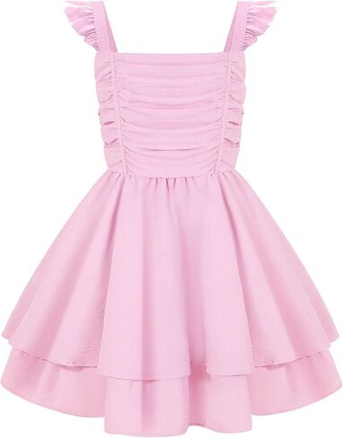 EXARUS Girls Summer Dress Teen Party Dance Formal Graduation Bow Short Flowy Ruffle Sleeve Tiered Sundress Cute Dresses in Kuwait