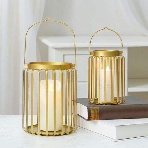 Farmhouse Lantern Decor Set of 2 - 9.5" & 14.2" Metal Candle Holders, Rustic Modern Vintage Style for Indoor Outdoor, Porch Patio Fireplace Mantle Wedding Decor (Black) in Saudi Arabia