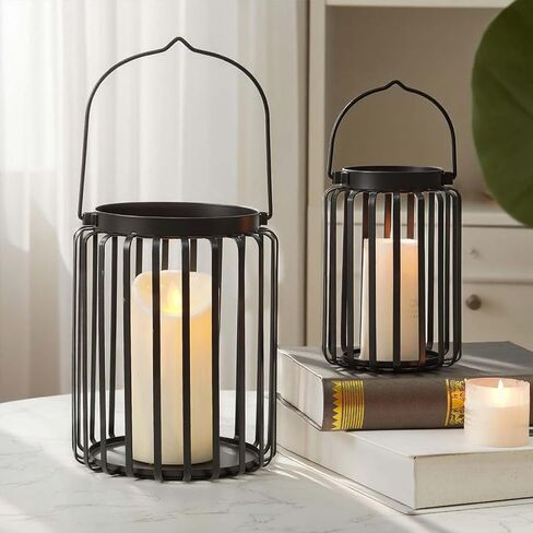 Farmhouse Lantern Decor Set of 2 - 9.5" & 14.2" Metal Candle Holders, Rustic Modern Vintage Style for Indoor Outdoor, Porch Patio Fireplace Mantle Wedding Decor (Black) in Saudi Arabia