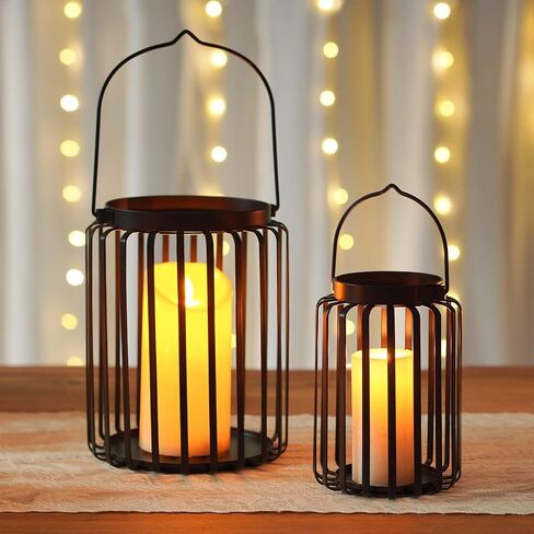 Farmhouse Lantern Decor Set of 2 - 9.5" & 14.2" Metal Candle Holders, Rustic Modern Vintage Style for Indoor Outdoor, Porch Patio Fireplace Mantle Wedding Decor (Black) in Saudi Arabia