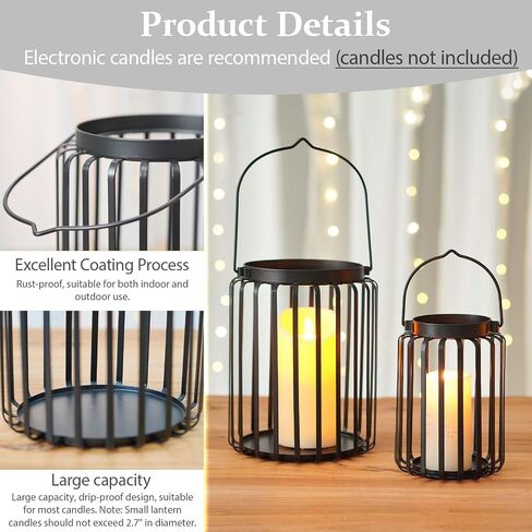 Farmhouse Lantern Decor Set of 2 - 9.5" & 14.2" Metal Candle Holders, Rustic Modern Vintage Style for Indoor Outdoor, Porch Patio Fireplace Mantle Wedding Decor (Black) in Saudi Arabia
