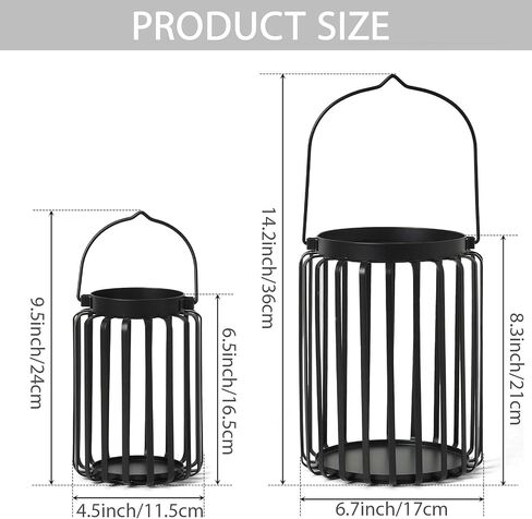 Farmhouse Lantern Decor Set of 2 - 9.5" & 14.2" Metal Candle Holders, Rustic Modern Vintage Style for Indoor Outdoor, Porch Patio Fireplace Mantle Wedding Decor (Black) in Saudi Arabia