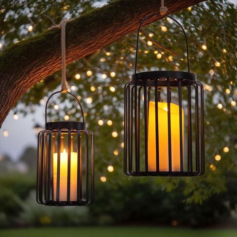 Farmhouse Lantern Decor Set of 2 - 9.5" & 14.2" Metal Candle Holders, Rustic Modern Vintage Style for Indoor Outdoor, Porch Patio Fireplace Mantle Wedding Decor (Black) in Saudi Arabia