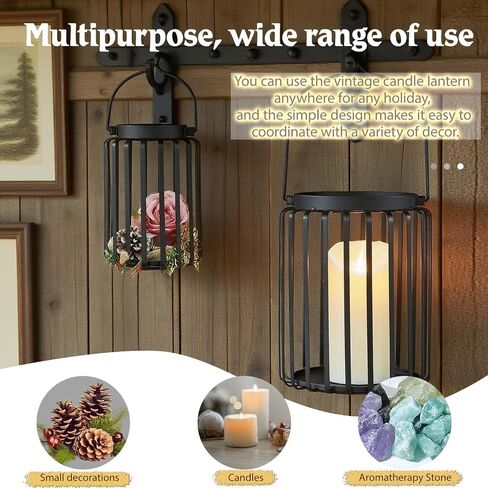 Farmhouse Lantern Decor Set of 2 - 9.5" & 14.2" Metal Candle Holders, Rustic Modern Vintage Style for Indoor Outdoor, Porch Patio Fireplace Mantle Wedding Decor (Black) in Saudi Arabia