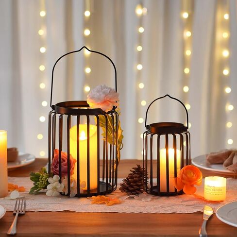 Farmhouse Lantern Decor Set of 2 - 9.5" & 14.2" Metal Candle Holders, Rustic Modern Vintage Style for Indoor Outdoor, Porch Patio Fireplace Mantle Wedding Decor (Black) in Saudi Arabia