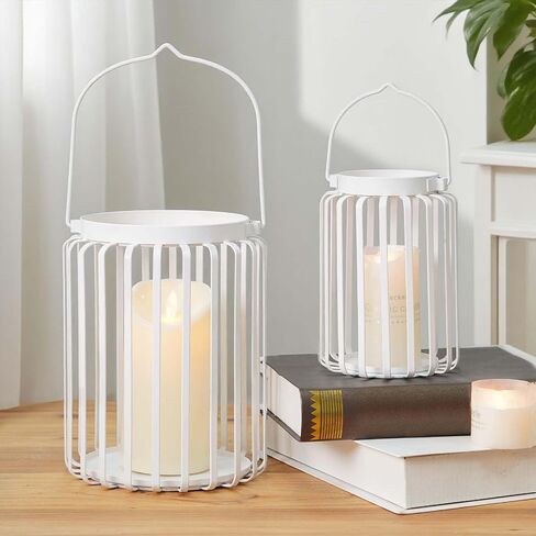 Farmhouse Lantern Decor Set of 2 - 9.5" & 14.2" Metal Candle Holders, Rustic Modern Vintage Style for Indoor Outdoor, Porch Patio Fireplace Mantle Wedding Decor (Black) in Saudi Arabia