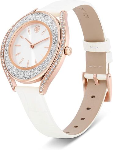 Swarovski Crystalline Aura Watch, Swiss Made, Leather Strap, White, Rose Gold-Tone Finish in Kuwait