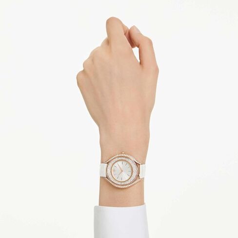 Swarovski Crystalline Aura Watch, Swiss Made, Leather Strap, White, Rose Gold-Tone Finish in Kuwait